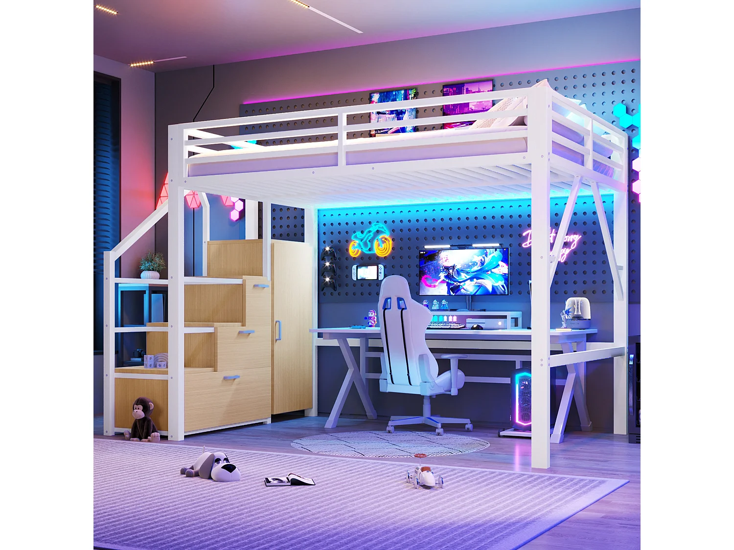 Lit mezzanine enfant 140x200 cm avec rangement et penderie - Métal et bois MDF - Blanc