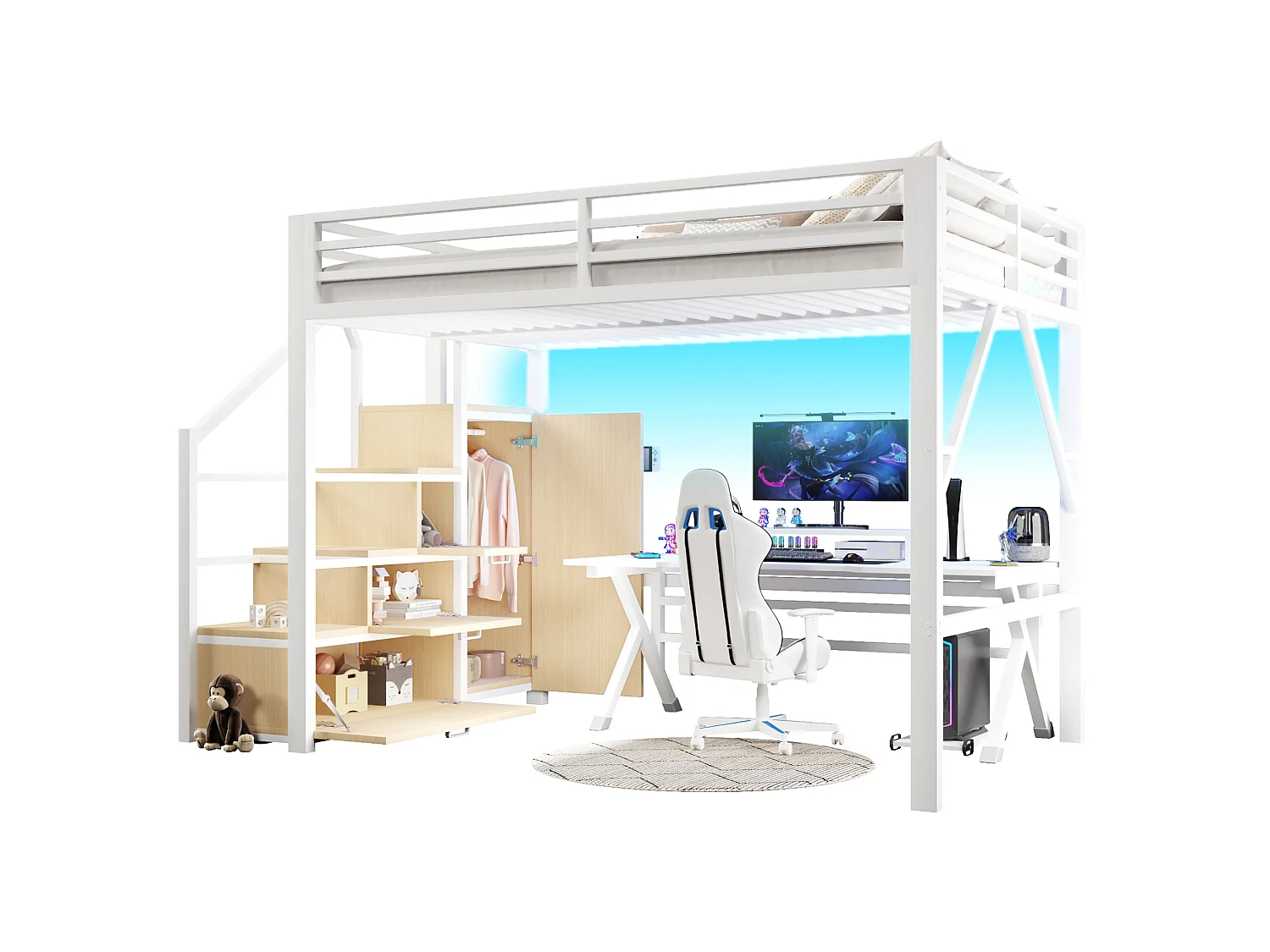 Lit mezzanine enfant 140x200 cm avec rangement et penderie - Métal et bois MDF - Blanc
