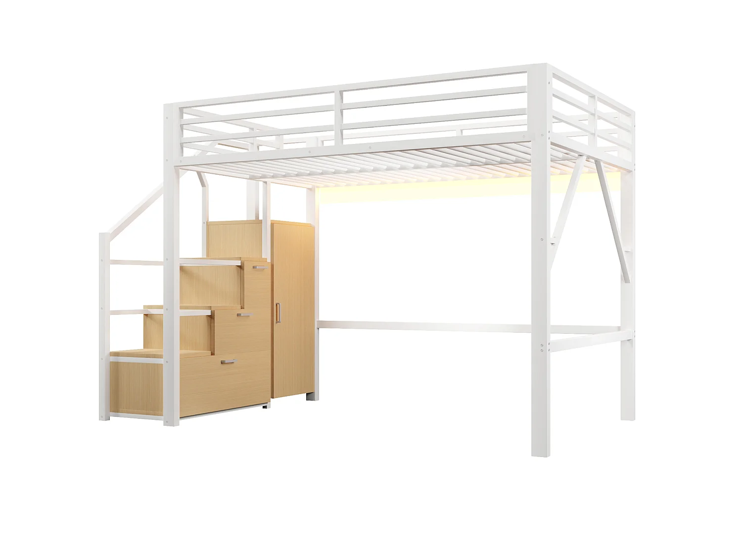 Lit mezzanine enfant 140x200 cm avec rangement et penderie - Métal et bois MDF - Blanc