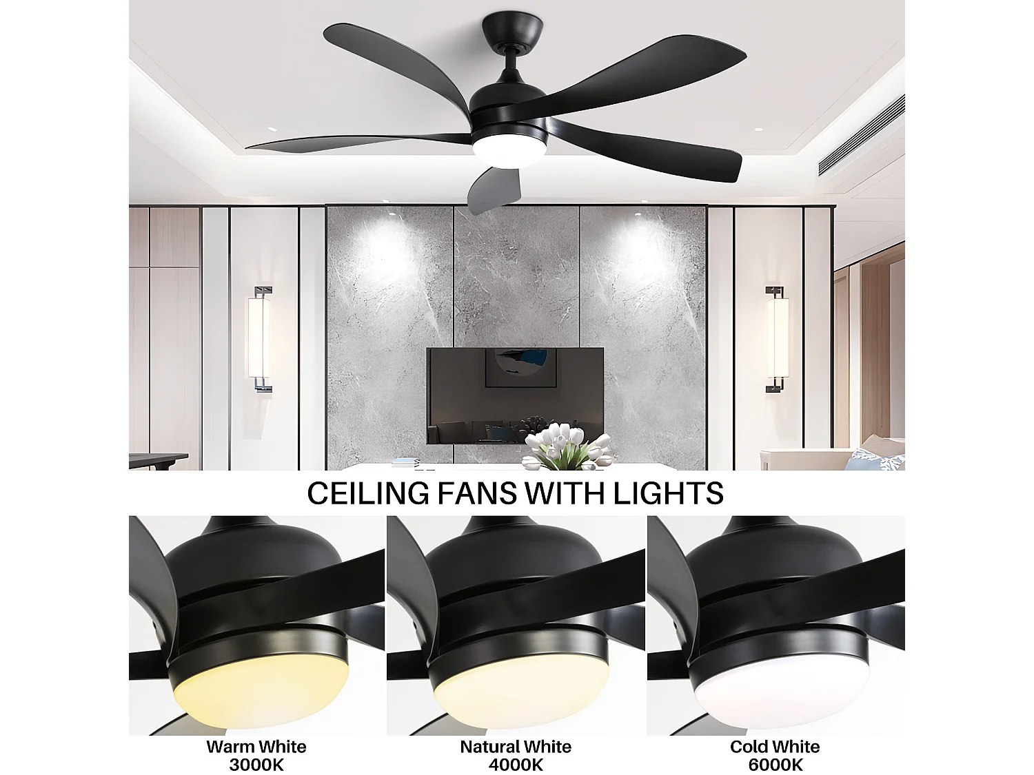 Ventilateur de plafond intelligent de 52 pouces avec lumière, pour chambre et salon