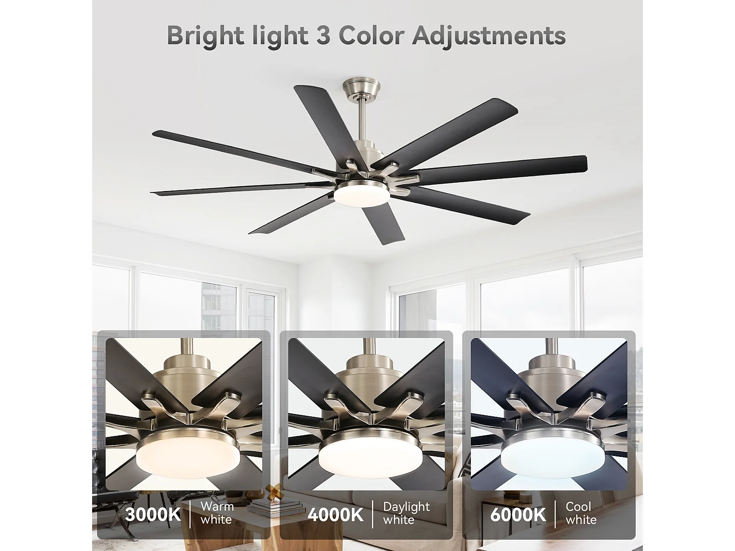 Ventilateur de plafond avec lumière, télécommande et 8 pales en ABS - Pour chambre et aux salon
