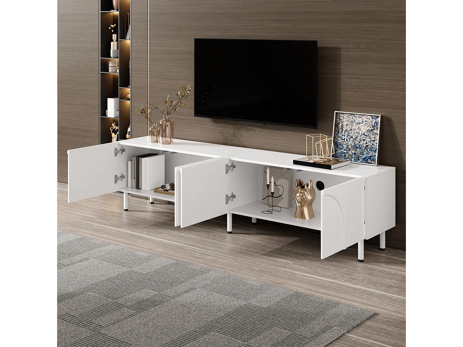 Mobile porta TV dalle linee curve, con 4 ante e gambe in metallo - Bianco