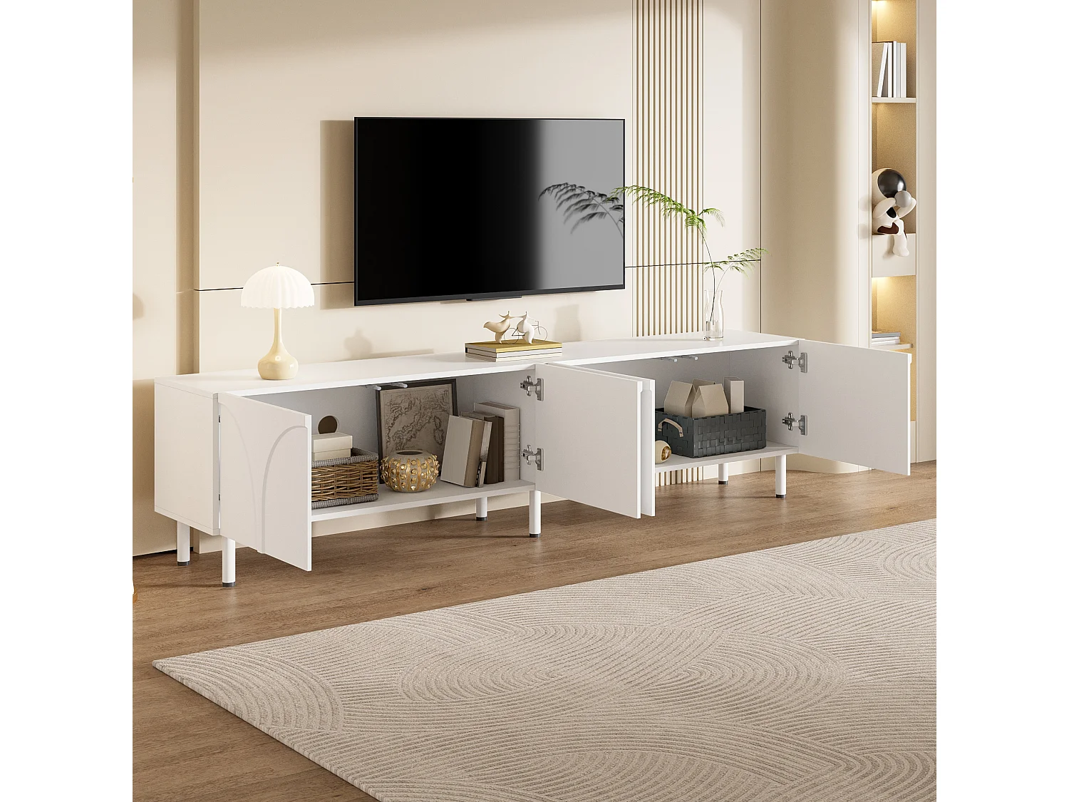 Mobile porta TV dalle linee curve, con 4 ante e gambe in metallo - Bianco