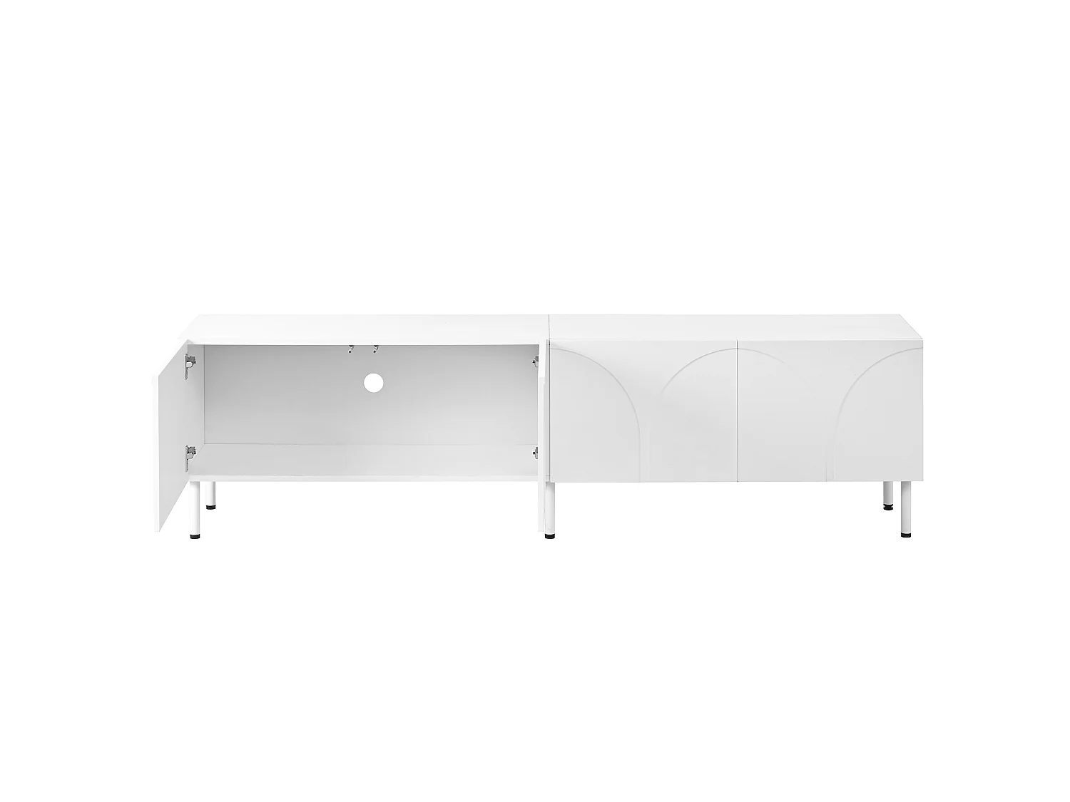 Mobile porta TV dalle linee curve, con 4 ante e gambe in metallo - Bianco