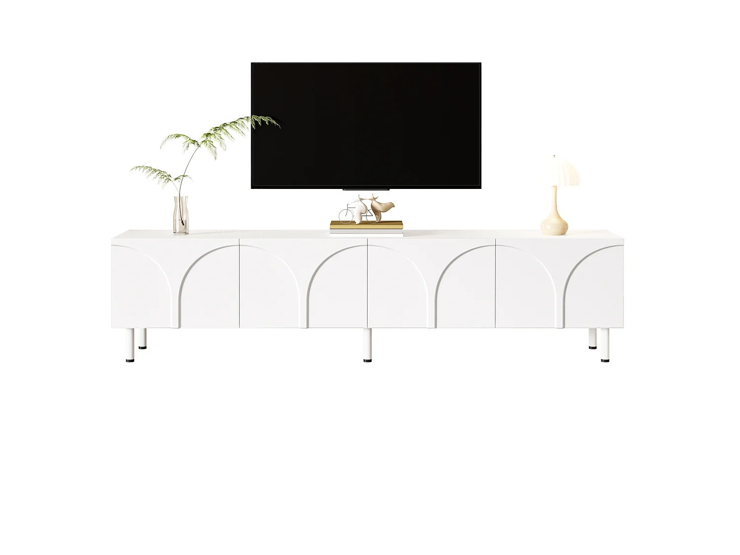 Mobile porta TV dalle linee curve, con 4 ante e gambe in metallo - Bianco