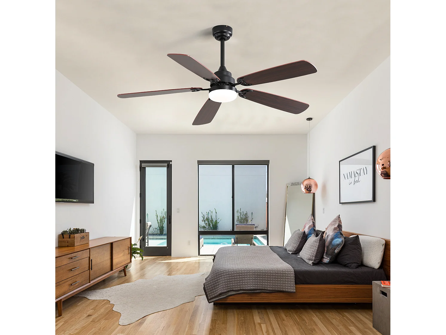 Ventilateur de plafond 132 cm avec éclairage LED, 5 pales en bois , 6 vitesses et télécommande