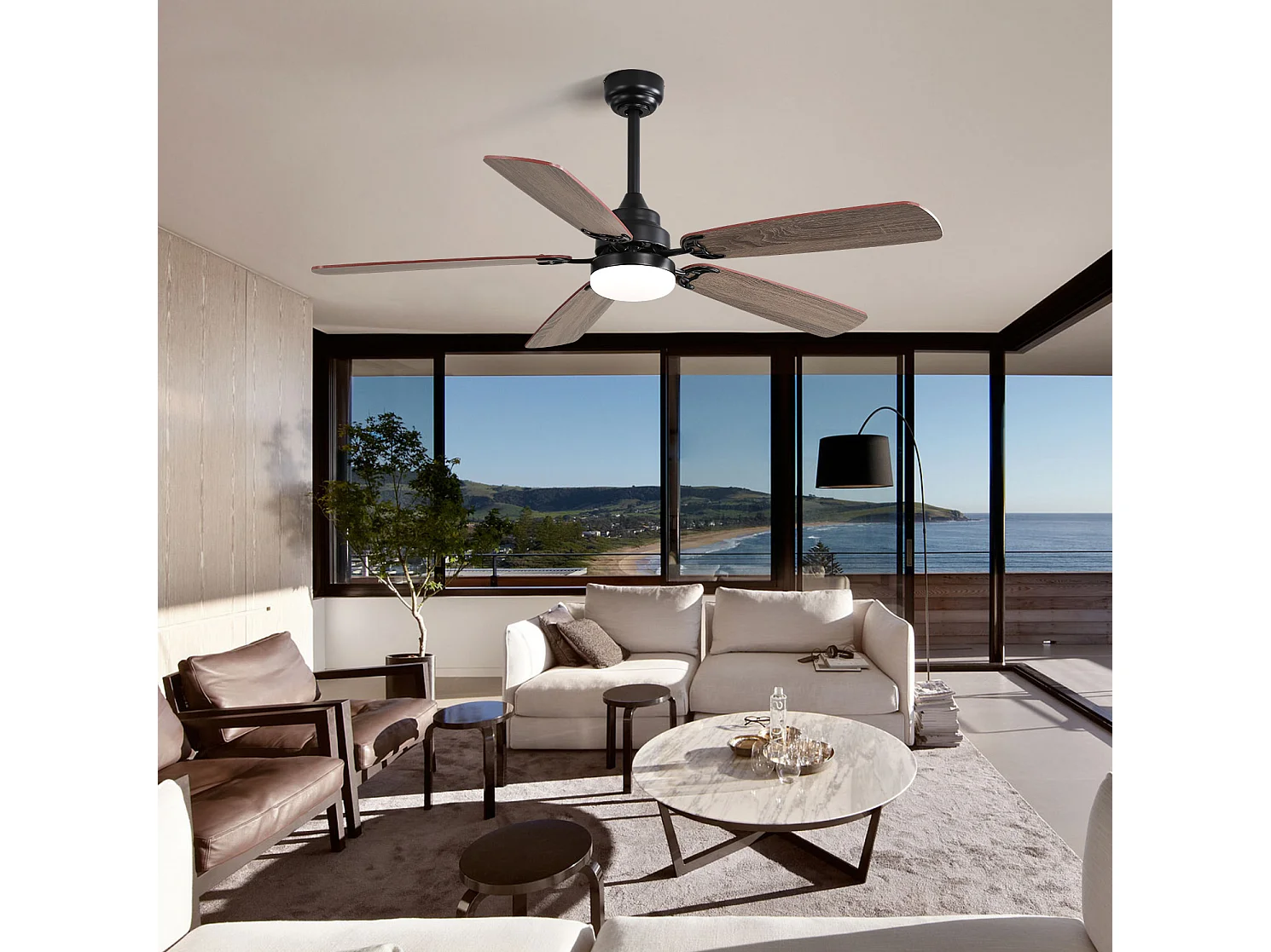 Ventilateur de plafond 132 cm avec éclairage LED, 5 pales en bois , 6 vitesses et télécommande
