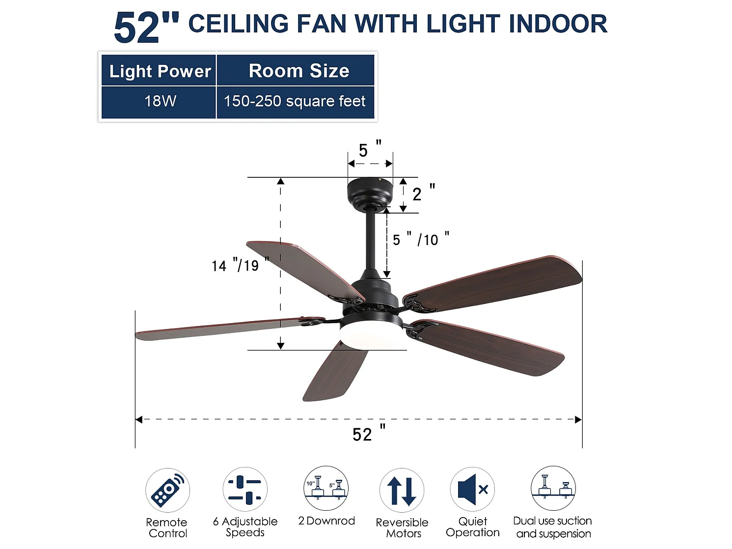Ventilateur de plafond 132 cm avec éclairage LED, 5 pales en bois , 6 vitesses et télécommande