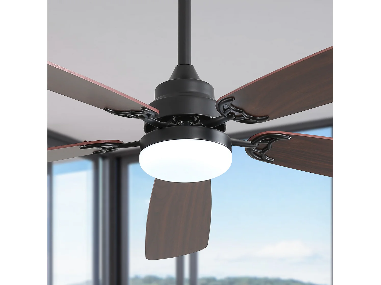 Ventilateur de plafond 132 cm avec éclairage LED, 5 pales en bois , 6 vitesses et télécommande