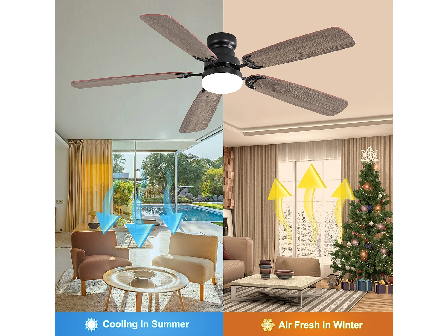 Ventilateur de plafond 132 cm avec éclairage LED, 5 pales en bois , 6 vitesses et télécommande