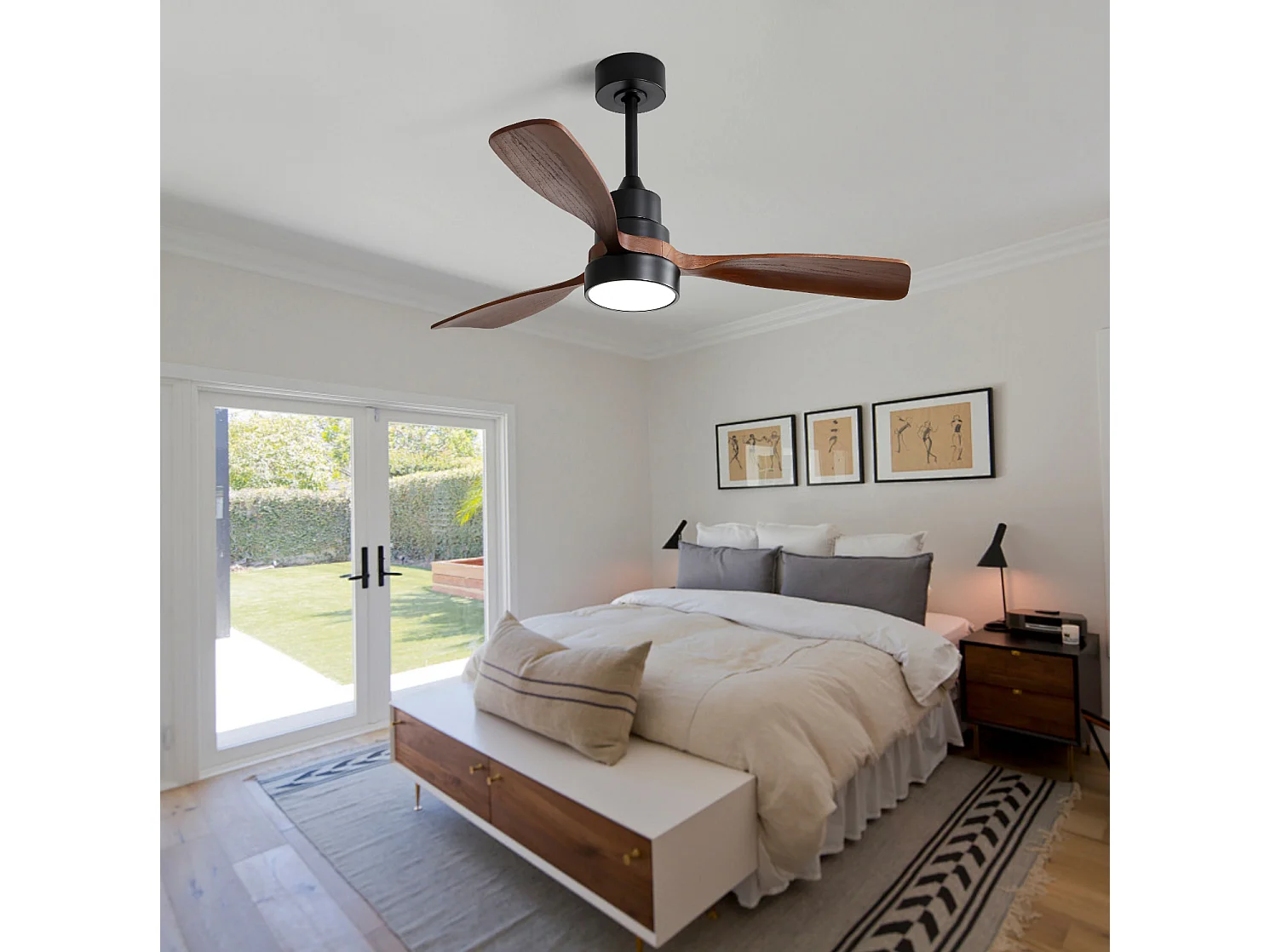 Ventilateur de plafond en bois 122 cm avec 3 pales en bois, télécommande et éclairage pour salon