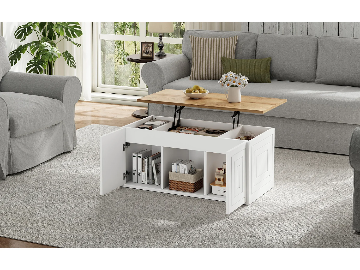 Tavolino da caffè con piano sollevabile e 2 ante - Design pulito - Bianco e legno