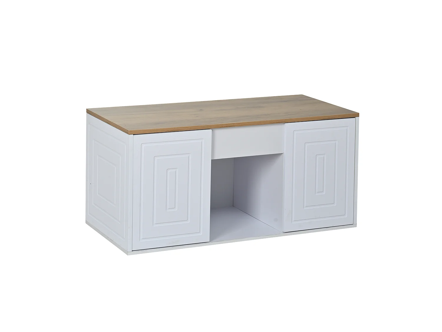 Tavolino da caffè con piano sollevabile e 2 ante - Design pulito - Bianco e legno