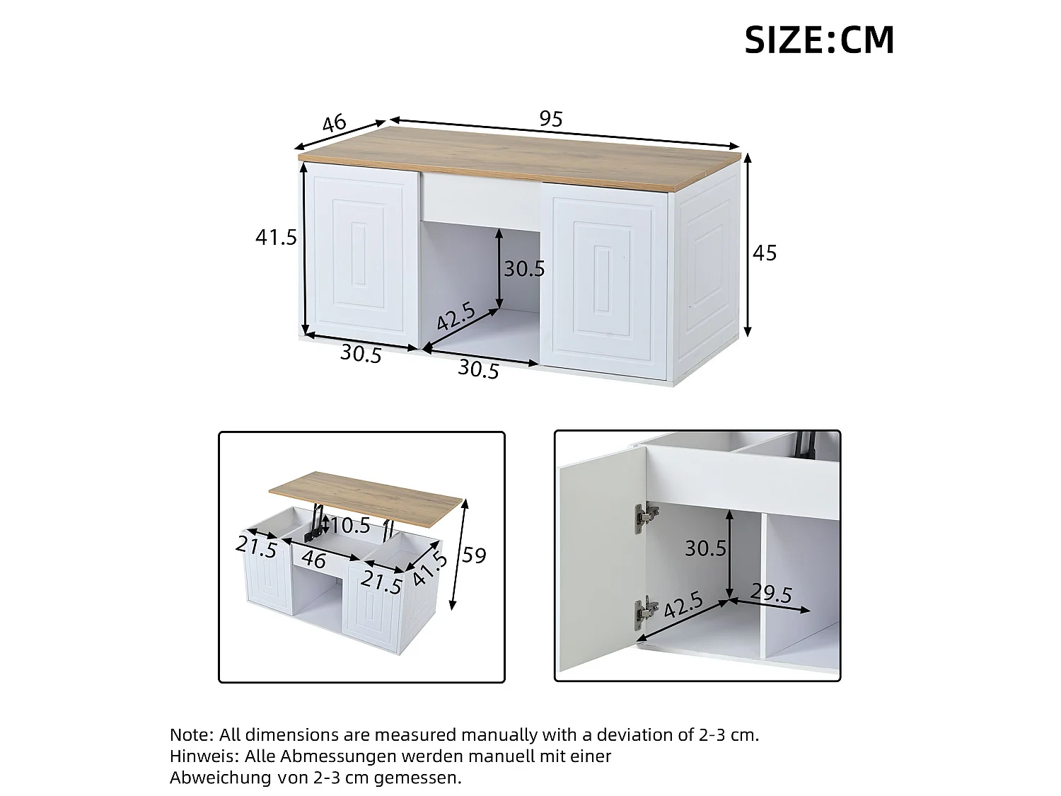 Tavolino da caffè con piano sollevabile e 2 ante - Design pulito - Bianco e legno