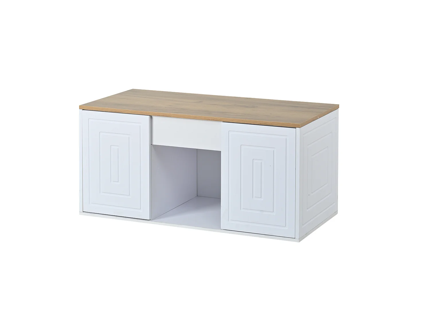 Tavolino da caffè con piano sollevabile e 2 ante - Design pulito - Bianco e legno