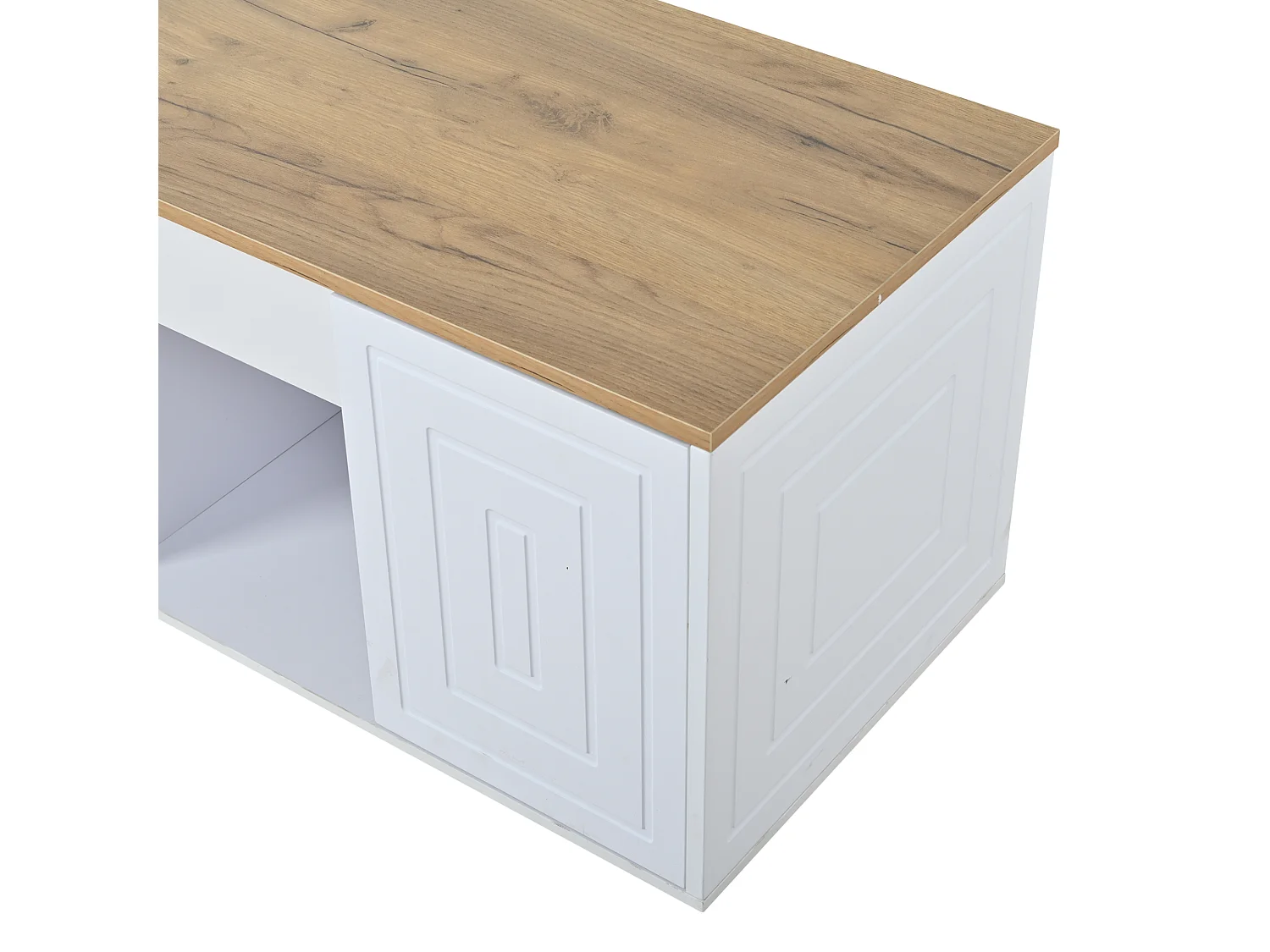 Tavolino da caffè con piano sollevabile e 2 ante - Design pulito - Bianco e legno