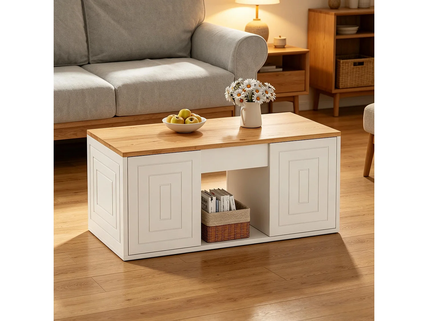 Tavolino da caffè con piano sollevabile e 2 ante - Design pulito - Bianco e legno