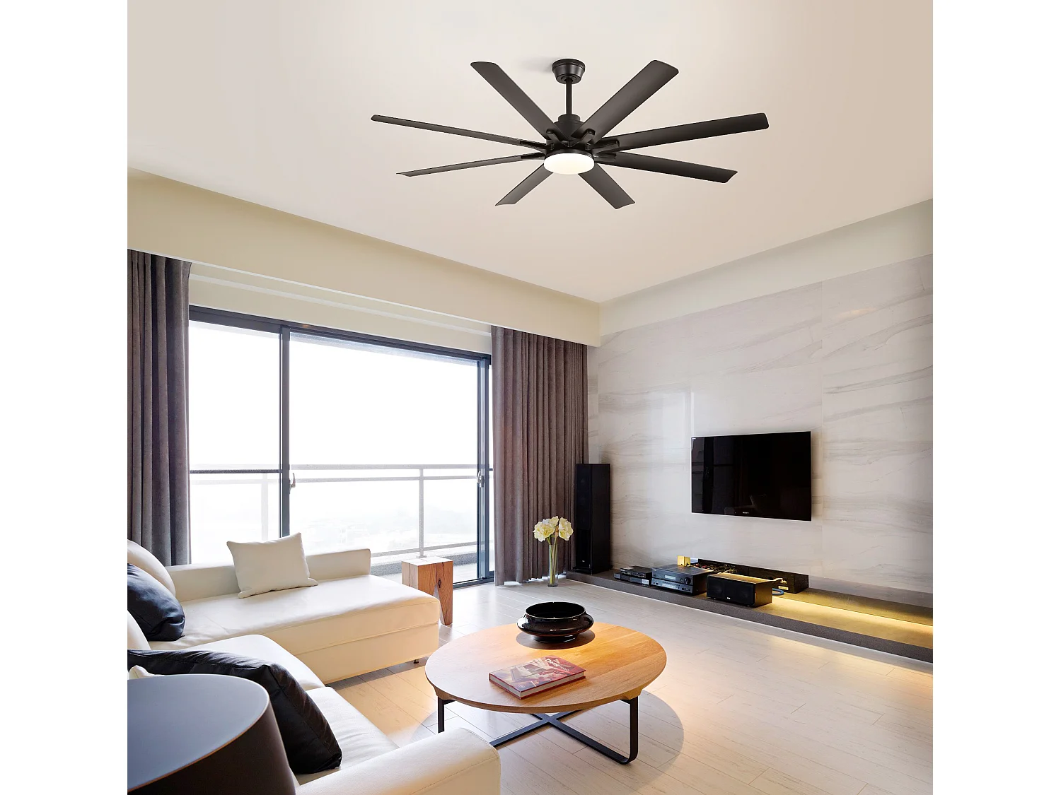 Ventilateur de plafond intelligent 168 cm avec 8 pales, éclairage LED et 6 vitesses - Noir