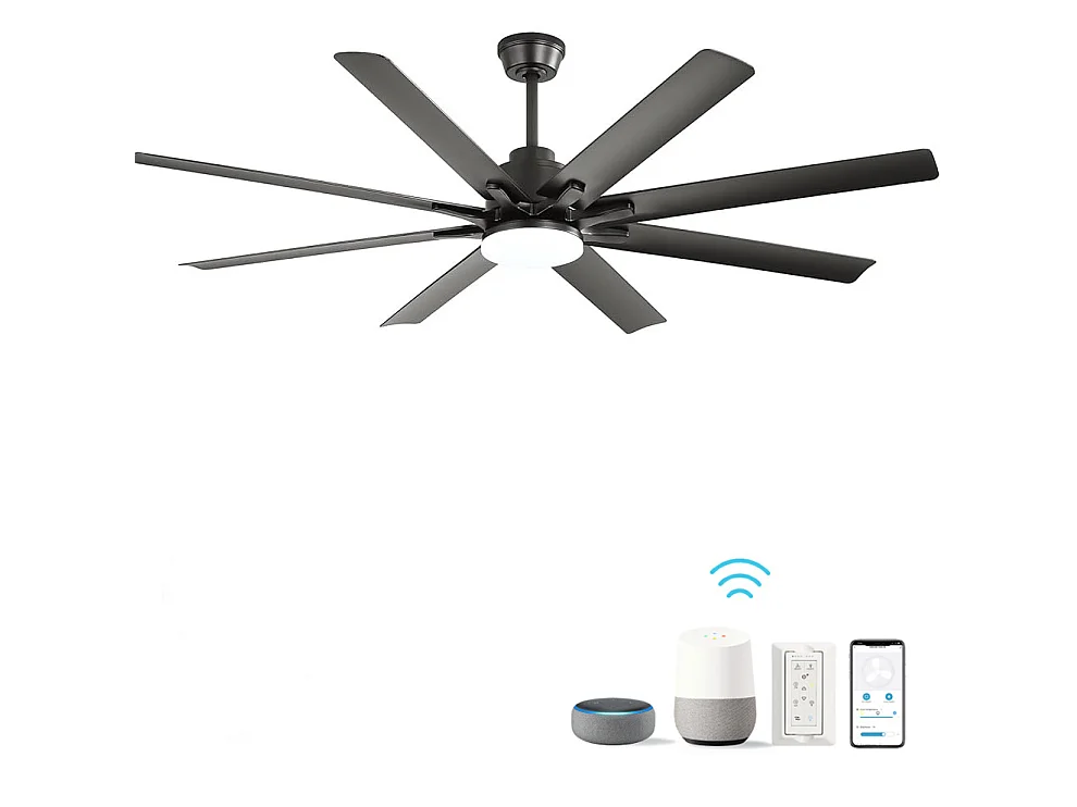 Ventilateur de plafond intelligent 168 cm avec 8 pales, éclairage LED et 6 vitesses - Noir