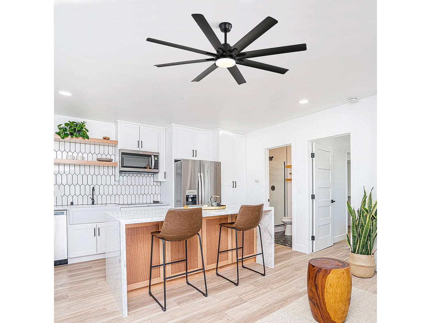 Ventilateur de plafond intelligent 168 cm avec 8 pales, éclairage LED et 6 vitesses - Noir