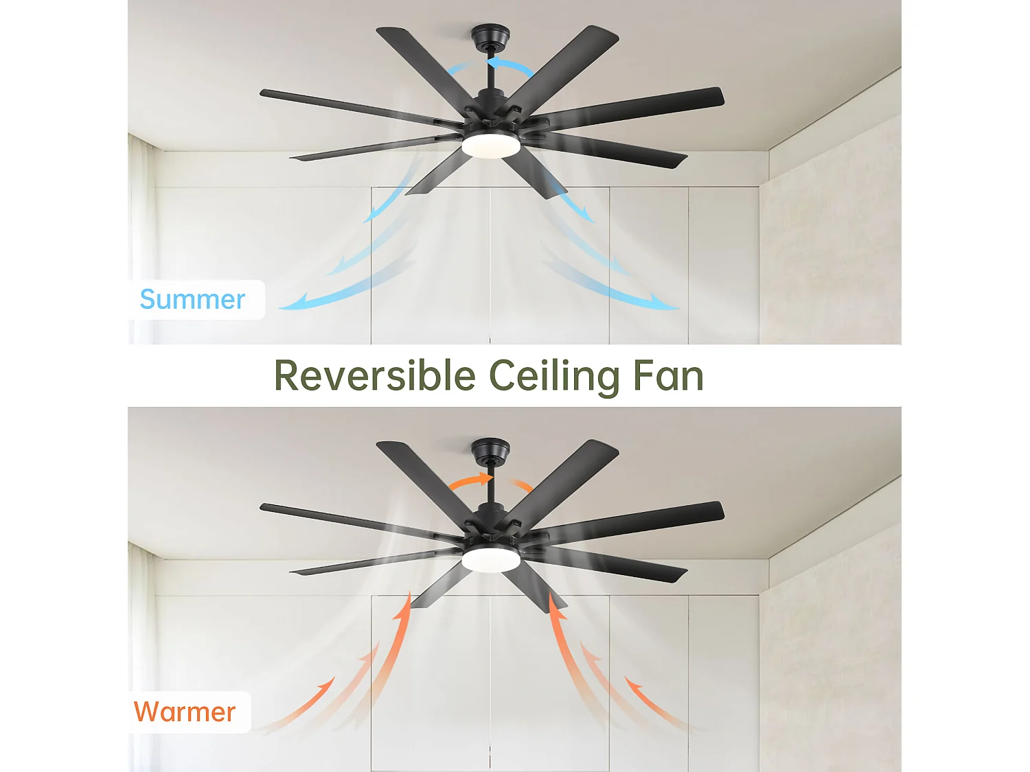 Ventilateur de plafond intelligent 168 cm avec 8 pales, éclairage LED et 6 vitesses - Noir
