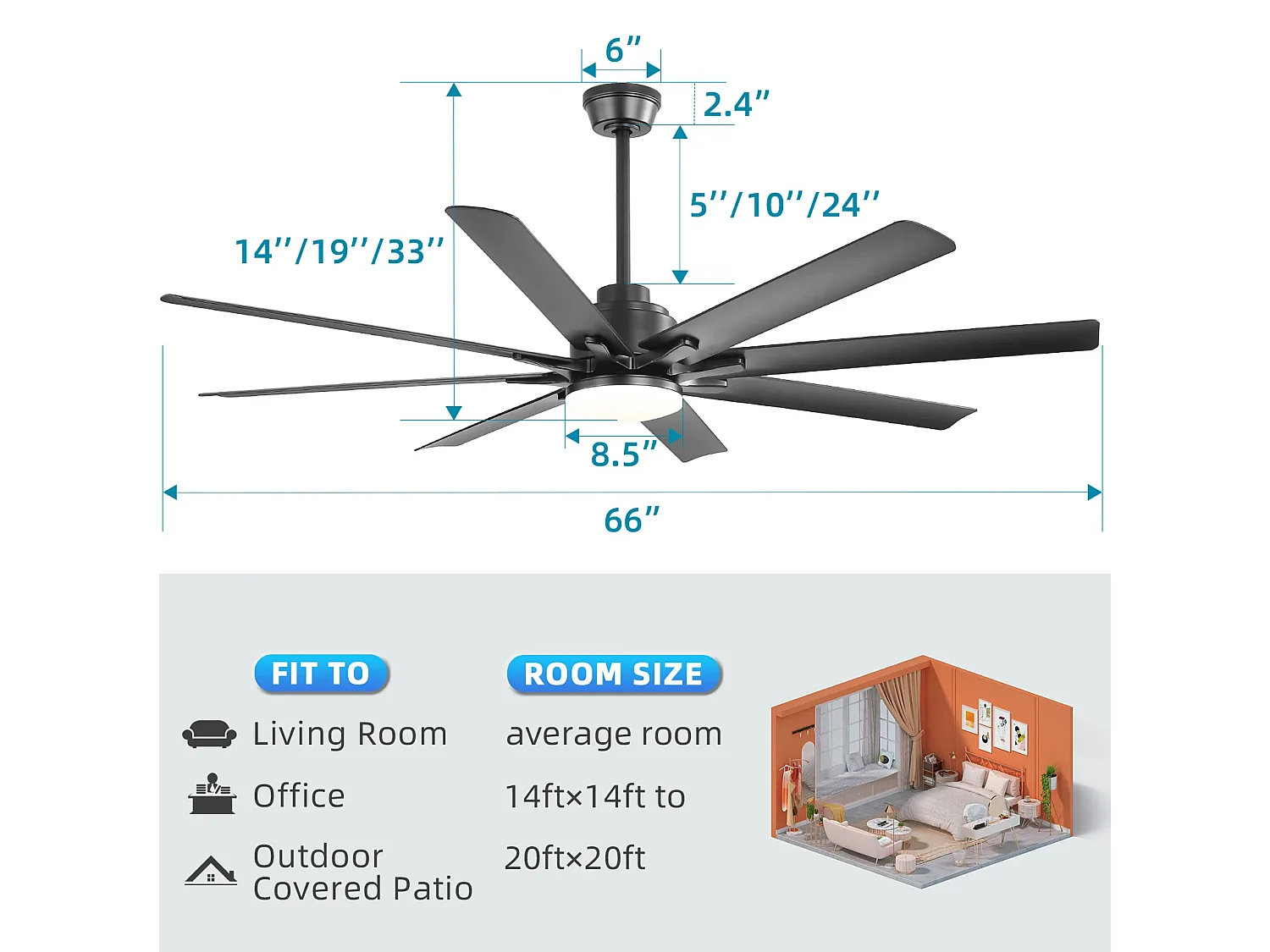 Ventilateur de plafond intelligent 168 cm avec 8 pales, éclairage LED et 6 vitesses - Noir