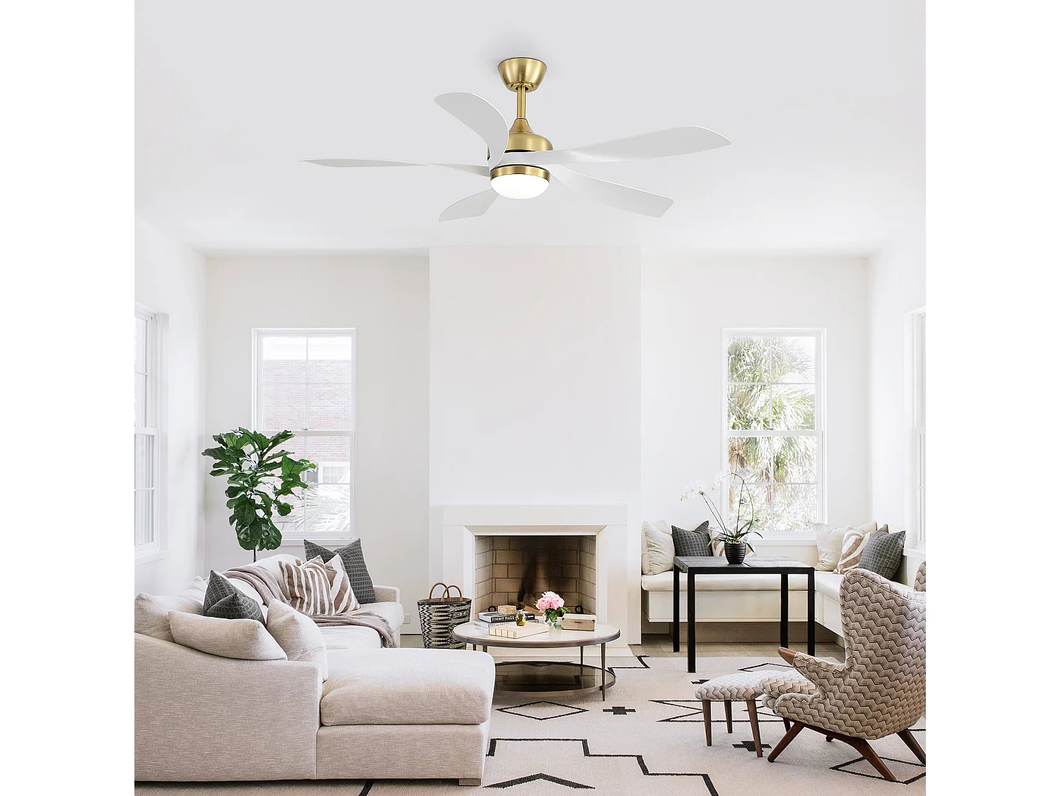 Ventilateur de plafond avec éclairage, silencieux, 5 pales en ABS - Blanc et or