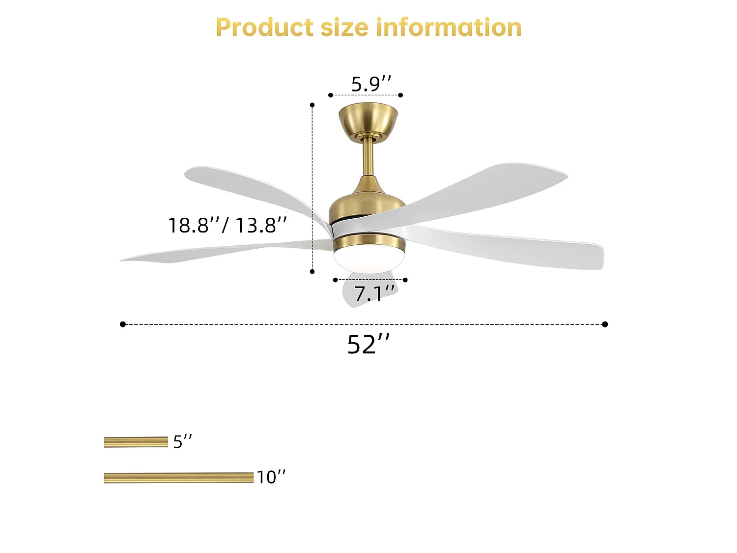 Ventilateur de plafond avec éclairage, silencieux, 5 pales en ABS - Blanc et or