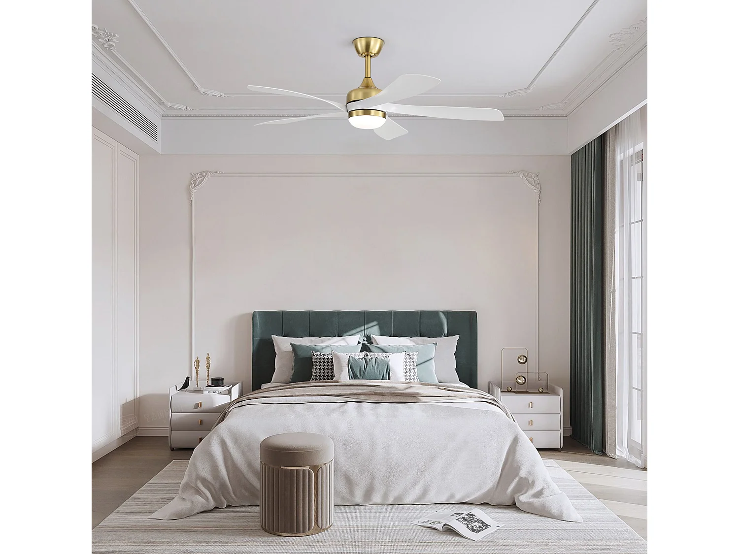 Ventilateur de plafond avec éclairage, silencieux, 5 pales en ABS - Blanc et or