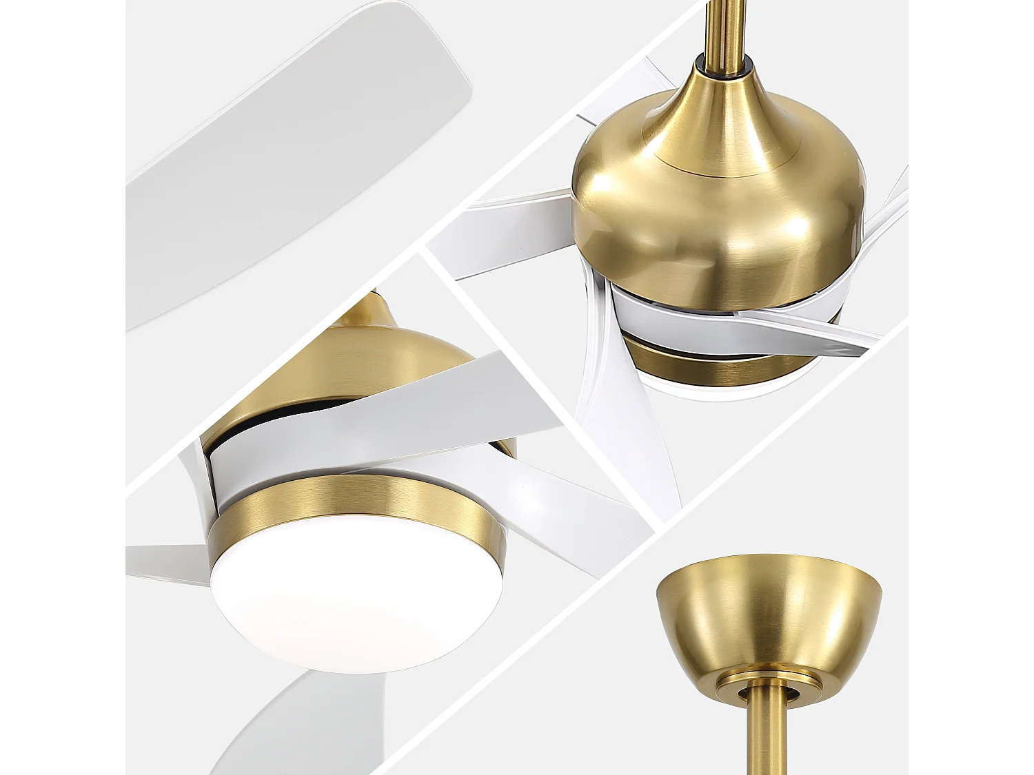 Ventilateur de plafond avec éclairage, silencieux, 5 pales en ABS - Blanc et or