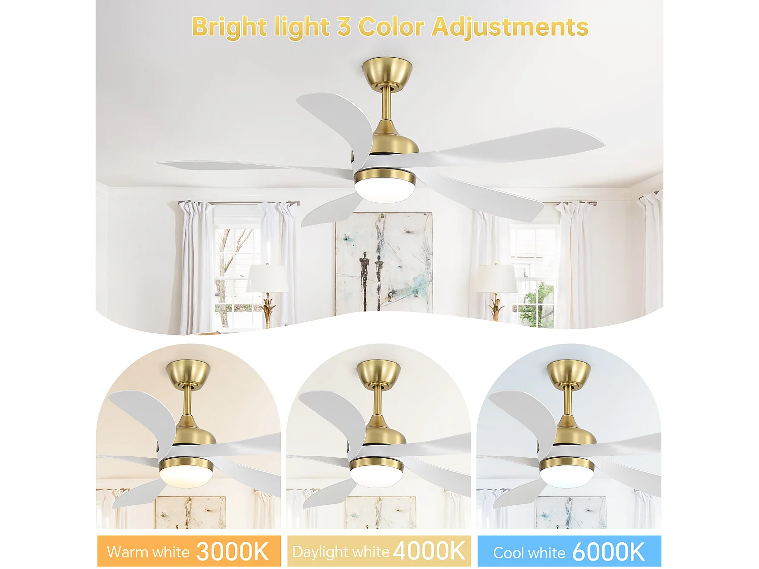 Ventilateur de plafond avec éclairage, silencieux, 5 pales en ABS - Blanc et or