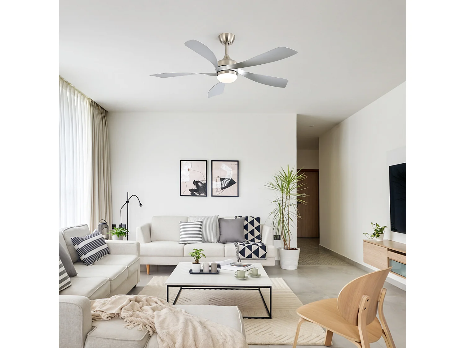 Ventilateur de plafond avec éclairage, silencieux, 5 pales en ABS, pour chambre et salon