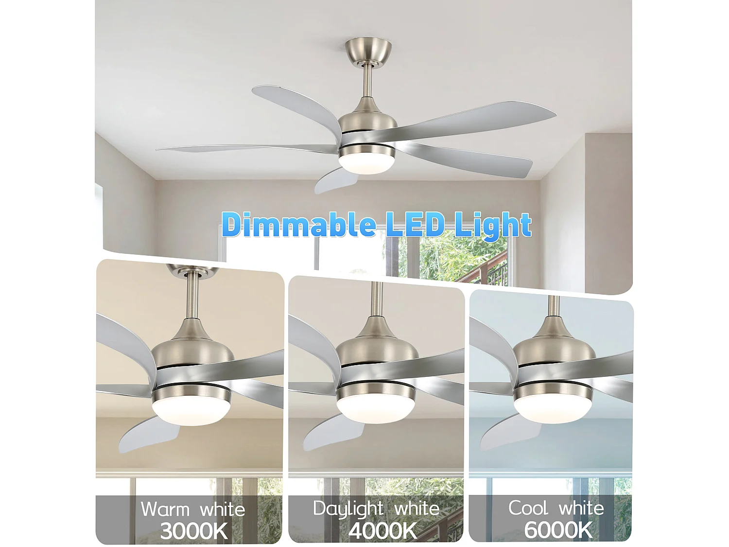 Ventilateur de plafond avec éclairage, silencieux, 5 pales en ABS, pour chambre et salon