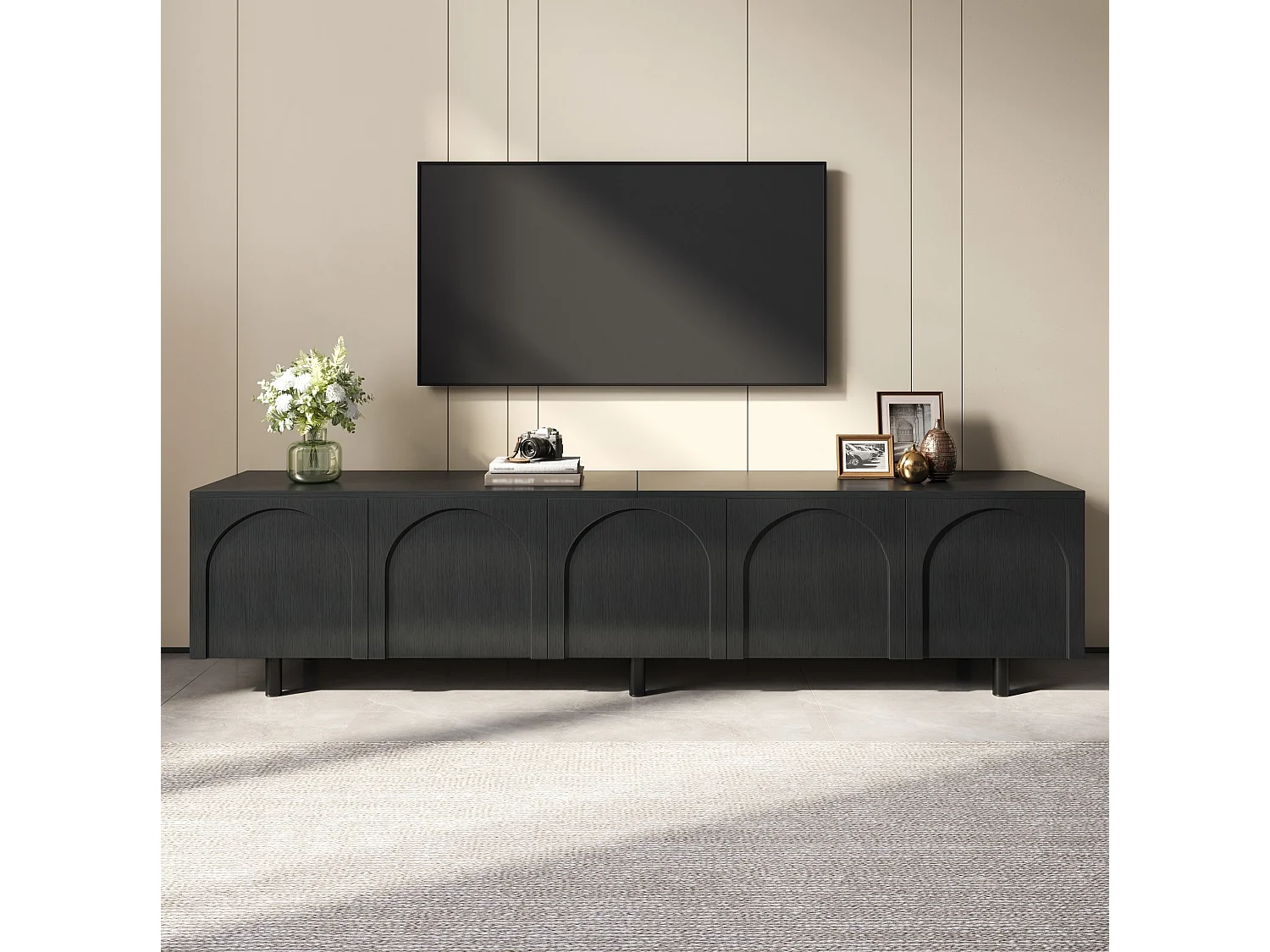 Mobile TV da soggiorno con 5 ante e gambe in metallo - Nero 180x38x45 cm