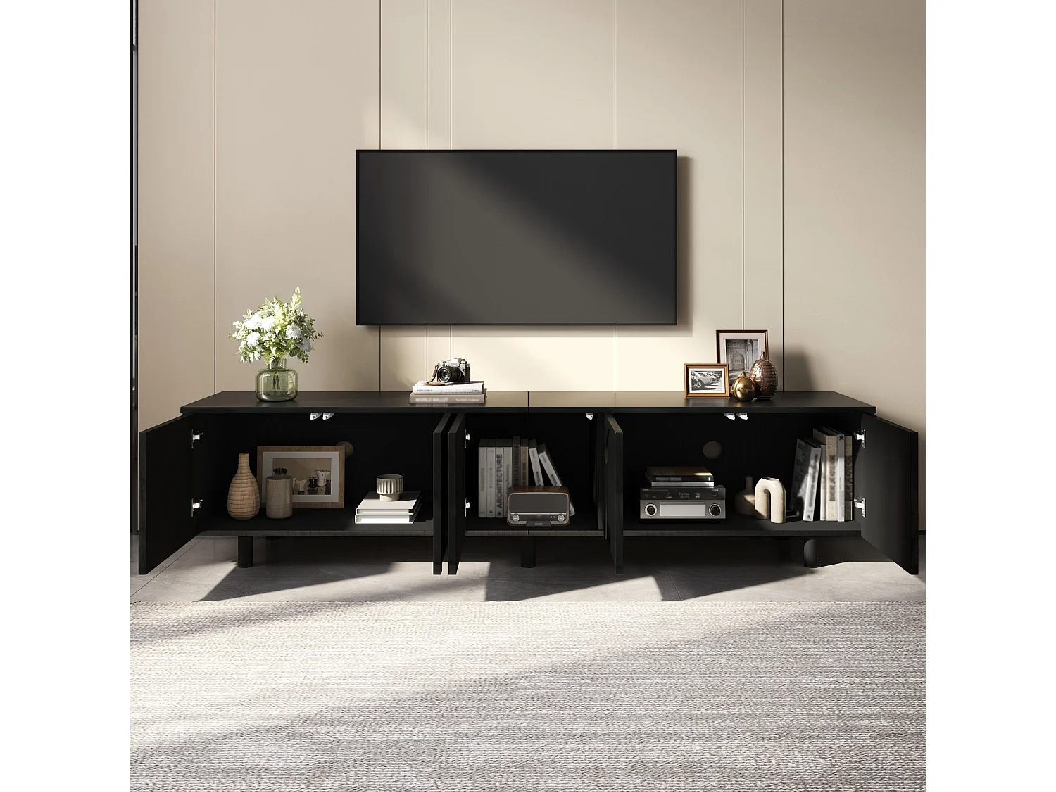 Mobile TV da soggiorno con 5 ante e gambe in metallo - Nero 180x38x45 cm