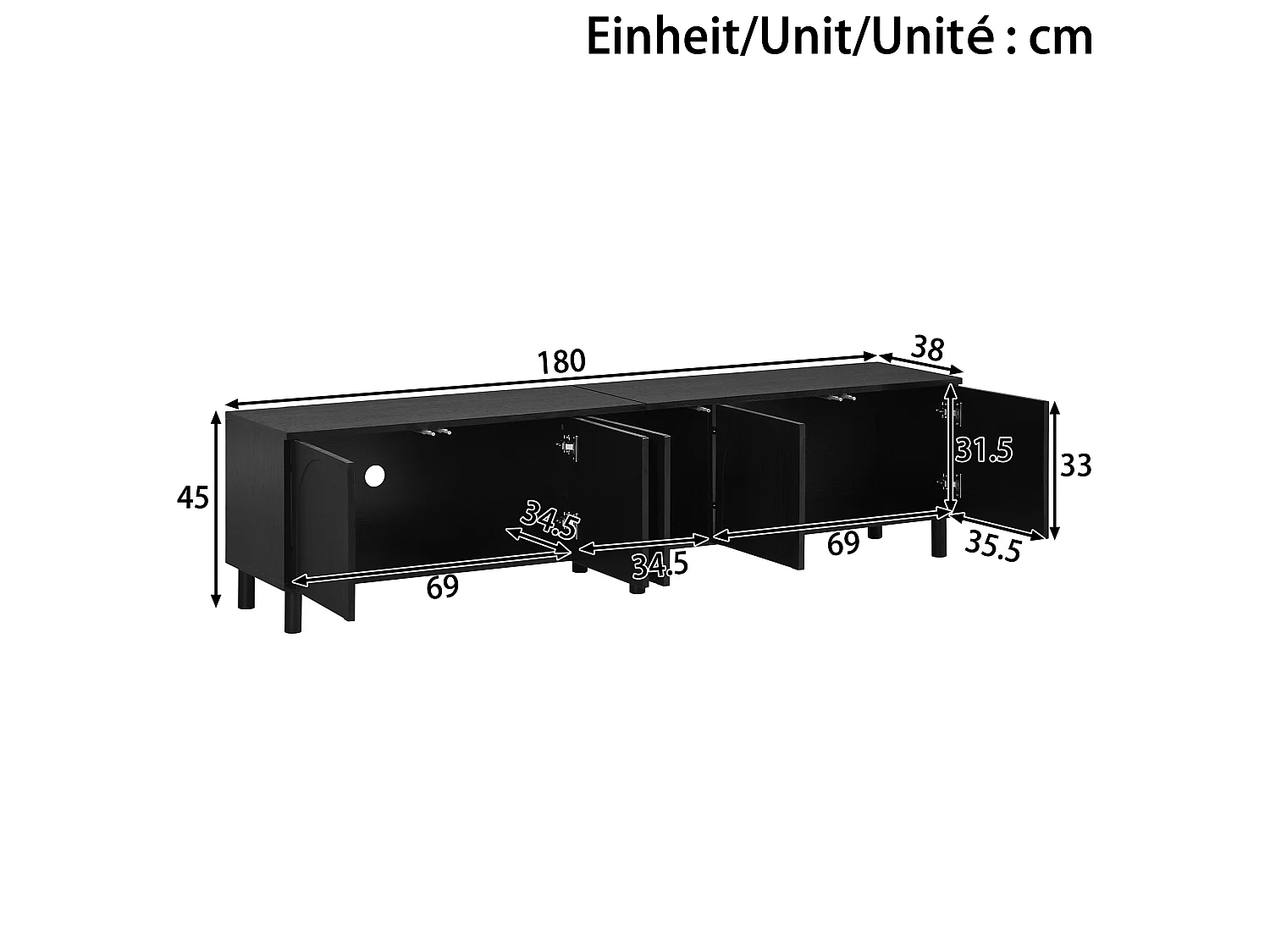 Mobile TV da soggiorno con 5 ante e gambe in metallo - Nero 180x38x45 cm