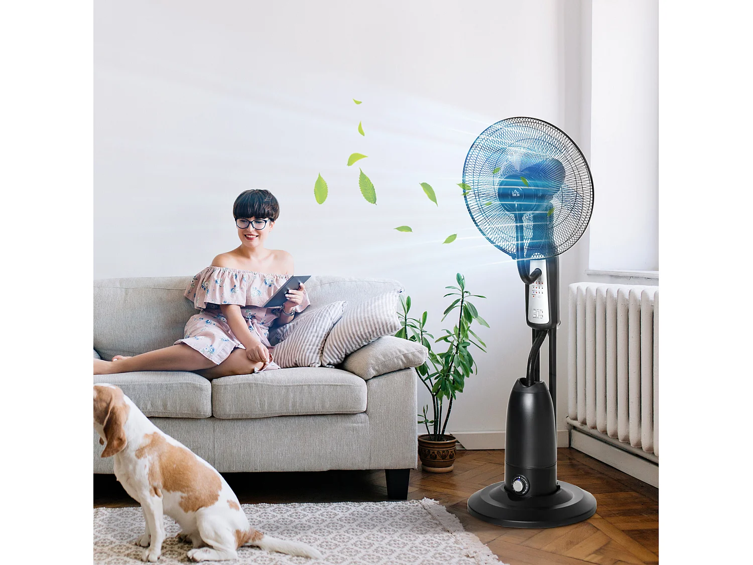 Ventilateur sur pied en métal noir avec brumisateur 2,8 L, 3 modes et minuterie