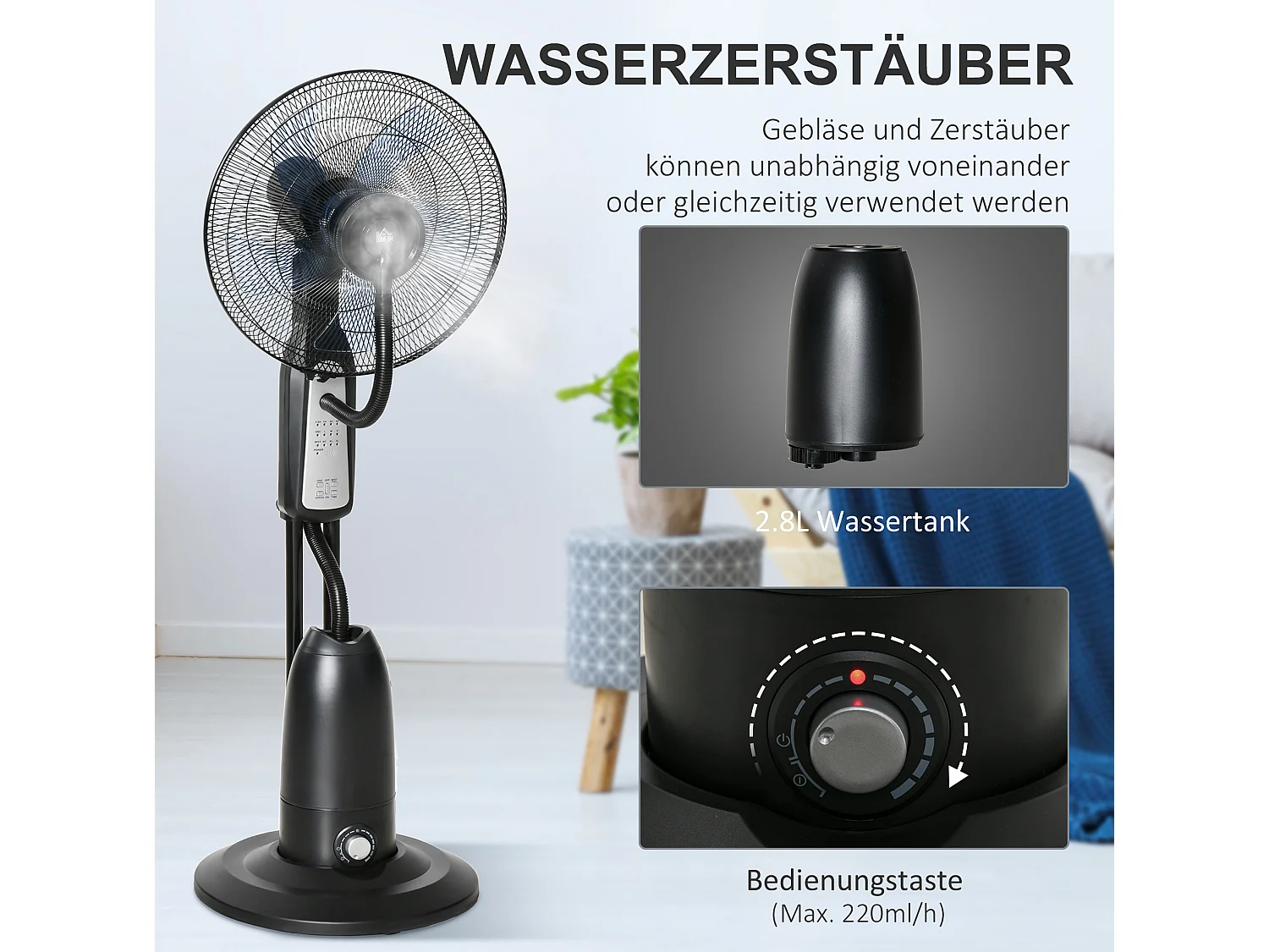 Ventilateur sur pied en métal noir avec brumisateur 2,8 L, 3 modes et minuterie