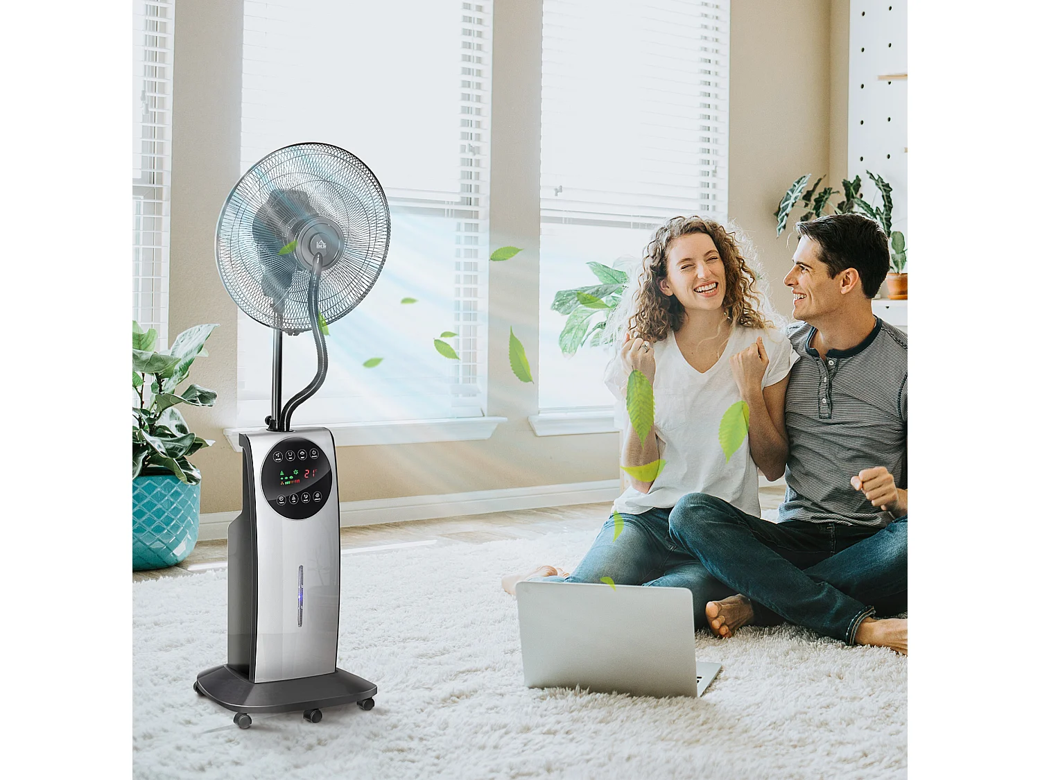 Ventilateur brumisateur sur pied 90W noir avec 3 vitesses , réservoir d'eau de 3,1 L et roulettes