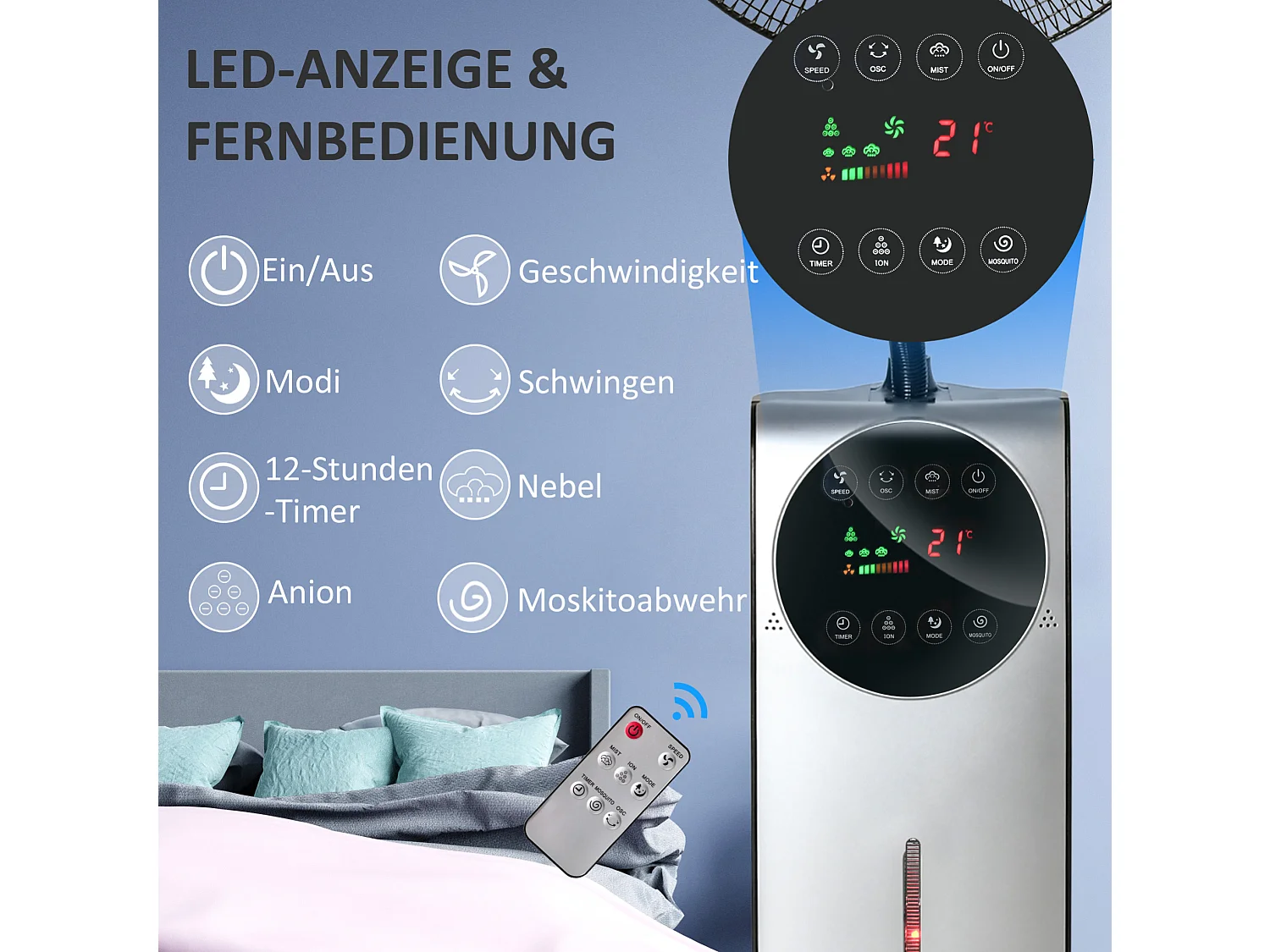 Ventilateur brumisateur sur pied 90W noir avec 3 vitesses , réservoir d'eau de 3,1 L et roulettes