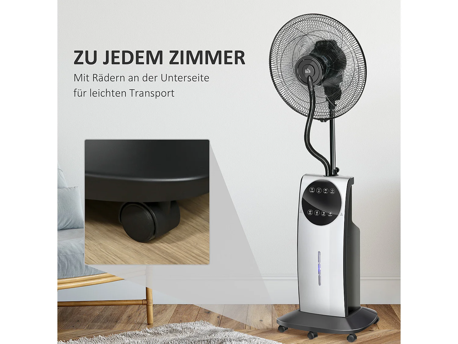 Ventilateur brumisateur sur pied 90W noir avec 3 vitesses , réservoir d'eau de 3,1 L et roulettes