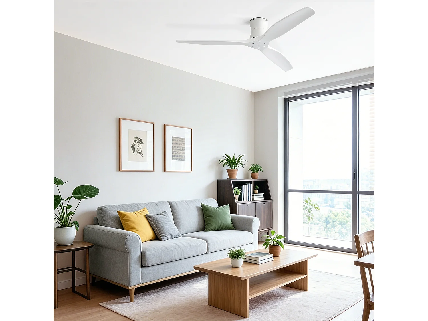 Ventilateur de plafond sans éclairage - 3 pales en bois , minuterie et 6 vitesses - Blanc