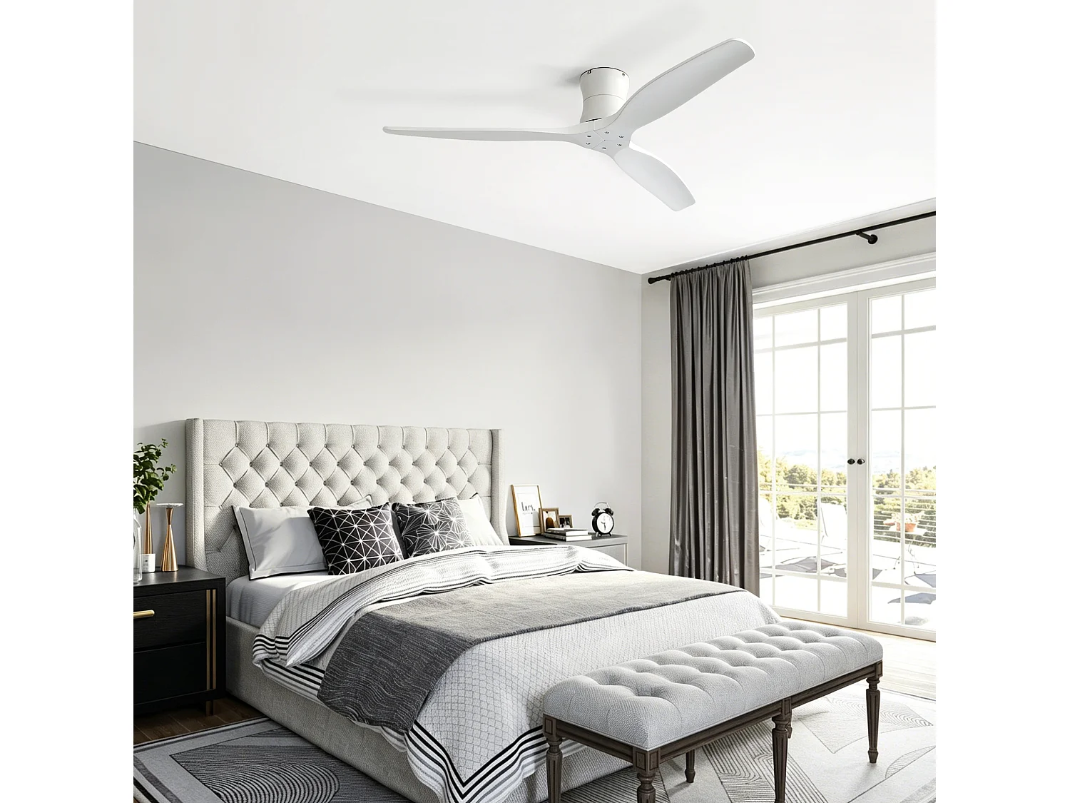 Ventilateur de plafond sans éclairage - 3 pales en bois , minuterie et 6 vitesses - Blanc