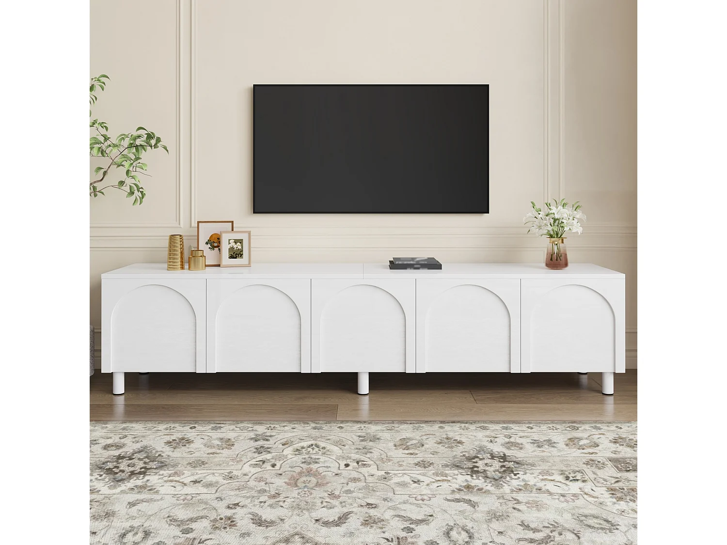 Mobile TV da soggiorno con 5 ante e gambe in metallo - Bianco 180x38x45 cm