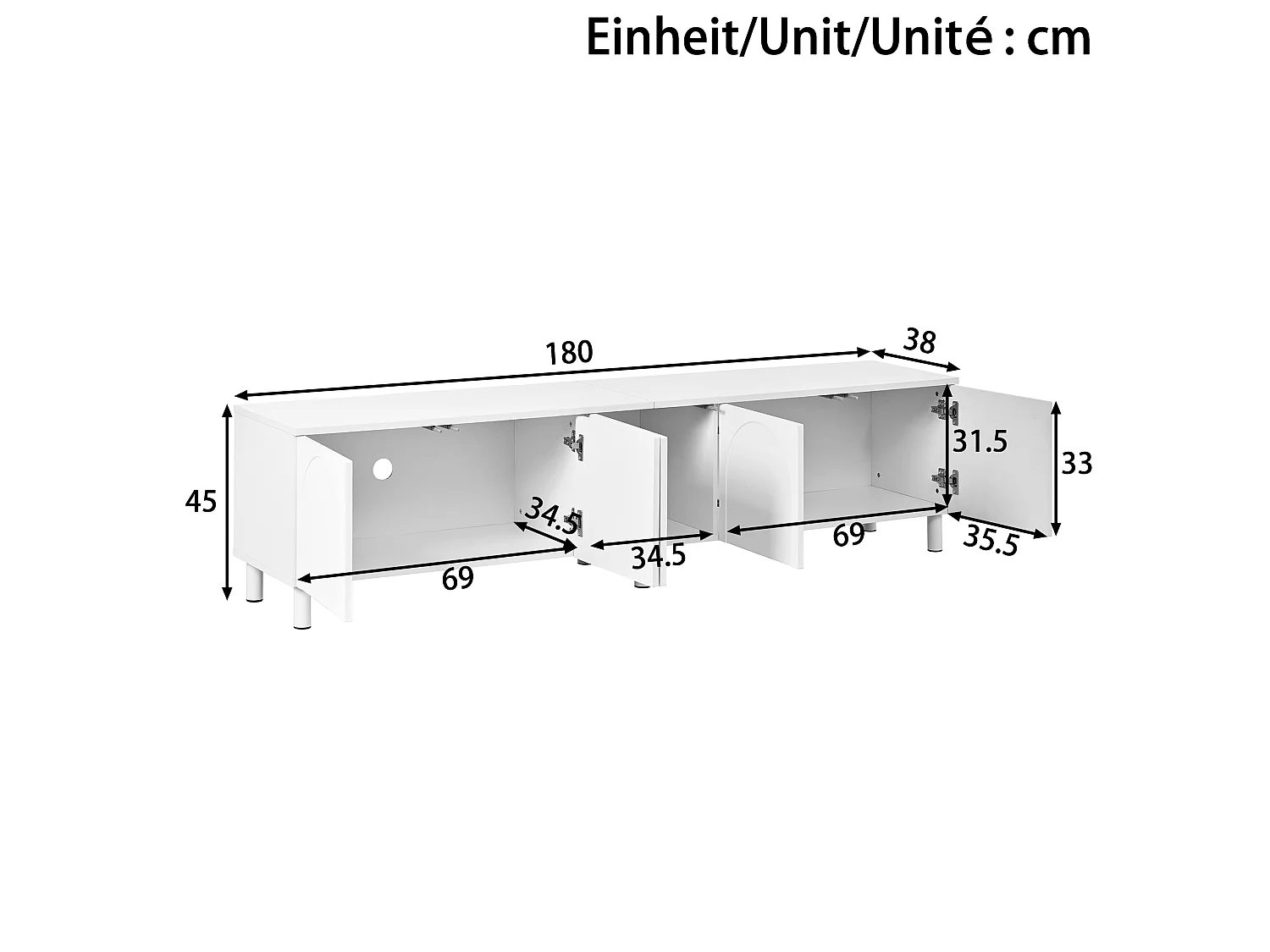 Mobile TV da soggiorno con 5 ante e gambe in metallo - Bianco 180x38x45 cm