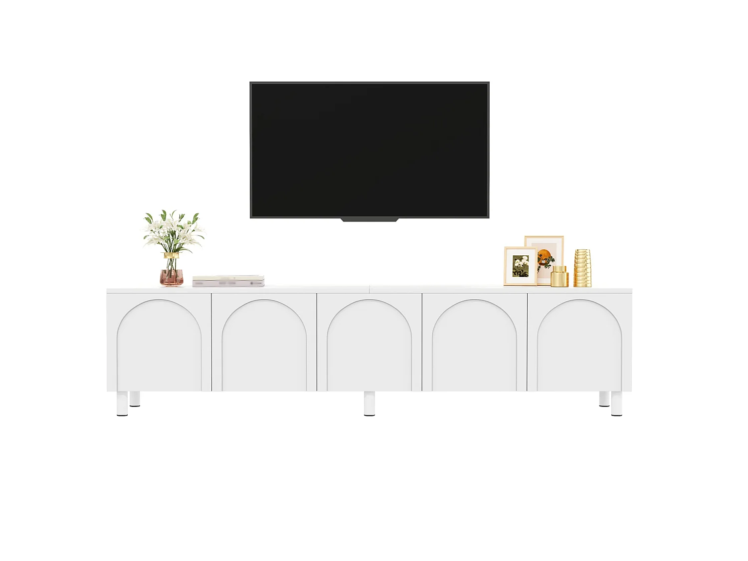 Mobile TV da soggiorno con 5 ante e gambe in metallo - Bianco 180x38x45 cm