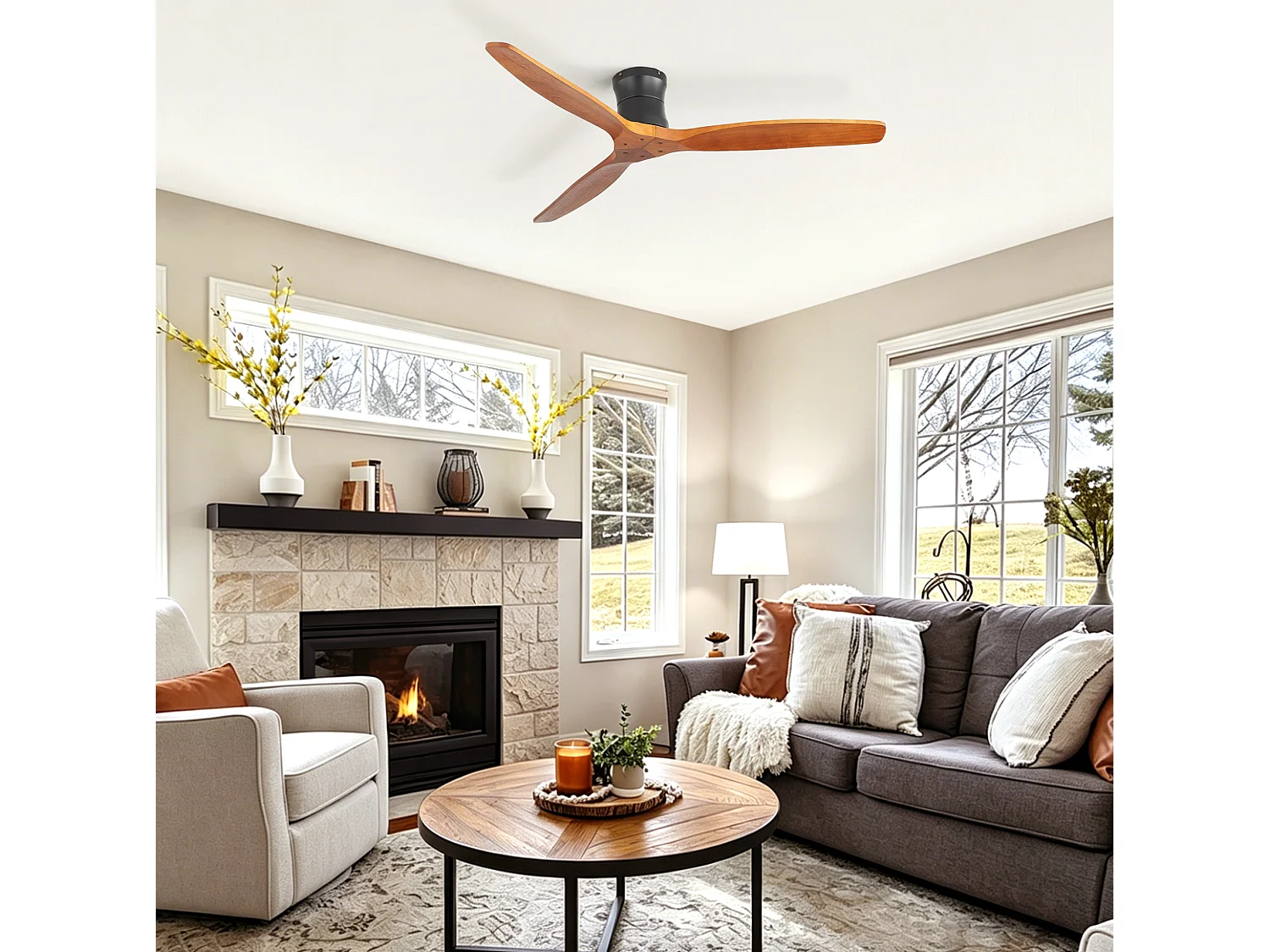 Ventilateur de plafond sans éclairage - 3 pales en bois , minuterie et 6 vitesses - Couleur noyer