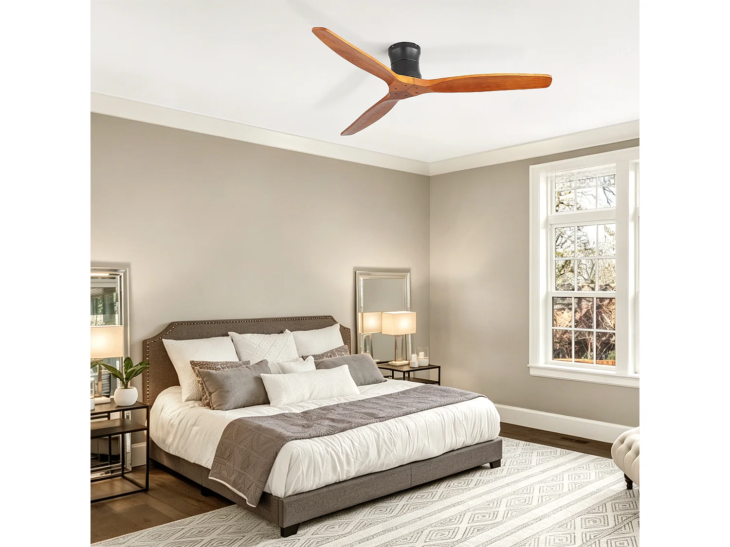 Ventilateur de plafond sans éclairage - 3 pales en bois , minuterie et 6 vitesses - Couleur noyer