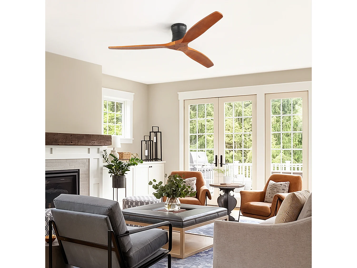 Ventilateur de plafond sans éclairage - 3 pales en bois , minuterie et 6 vitesses - Couleur noyer