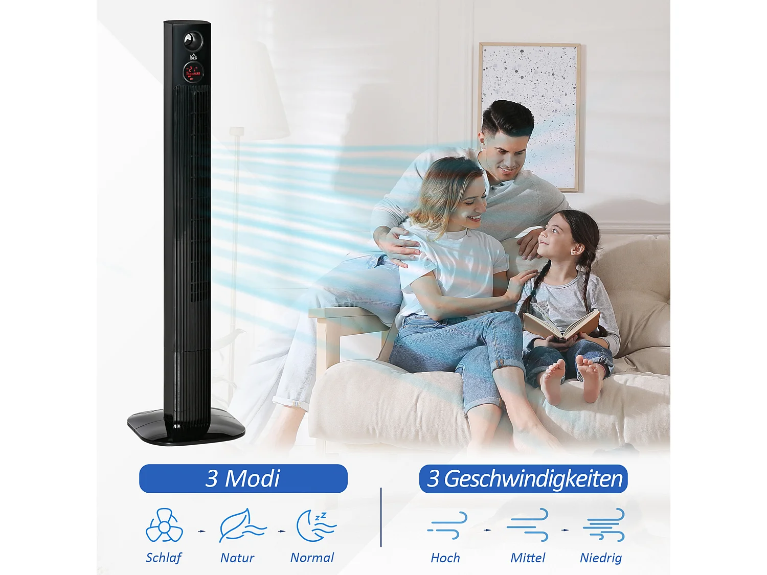 Torenventilator van 45 W met 12-uurs timer, 70° zwenking en 3 snelheden - Zwart